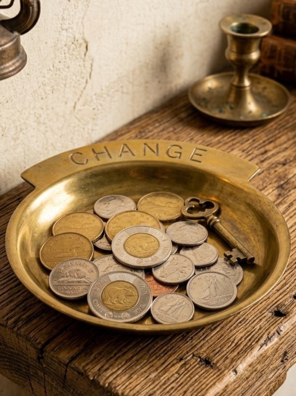 Vintage Brass 'CHANGE' Coin Dish - some patina